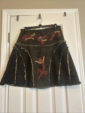 Black Beaded A-Line Denim Skirt
